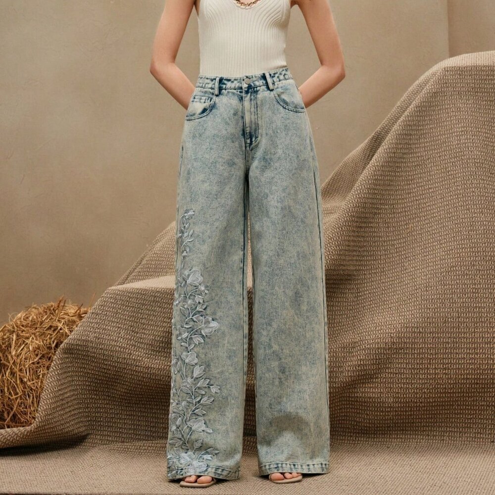 Teal Blue Elegant Women's Floral Trousers